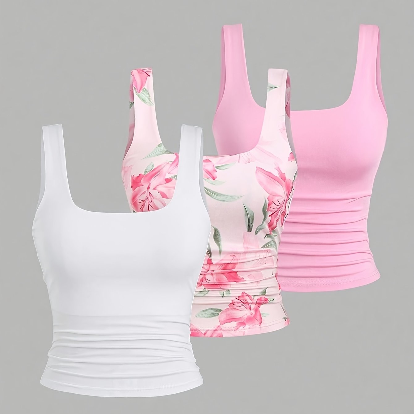 TEMU 3pcs Set Women's Casual Square Neck Pleated Camisole Tank Top, Summer Style Loungewear Top