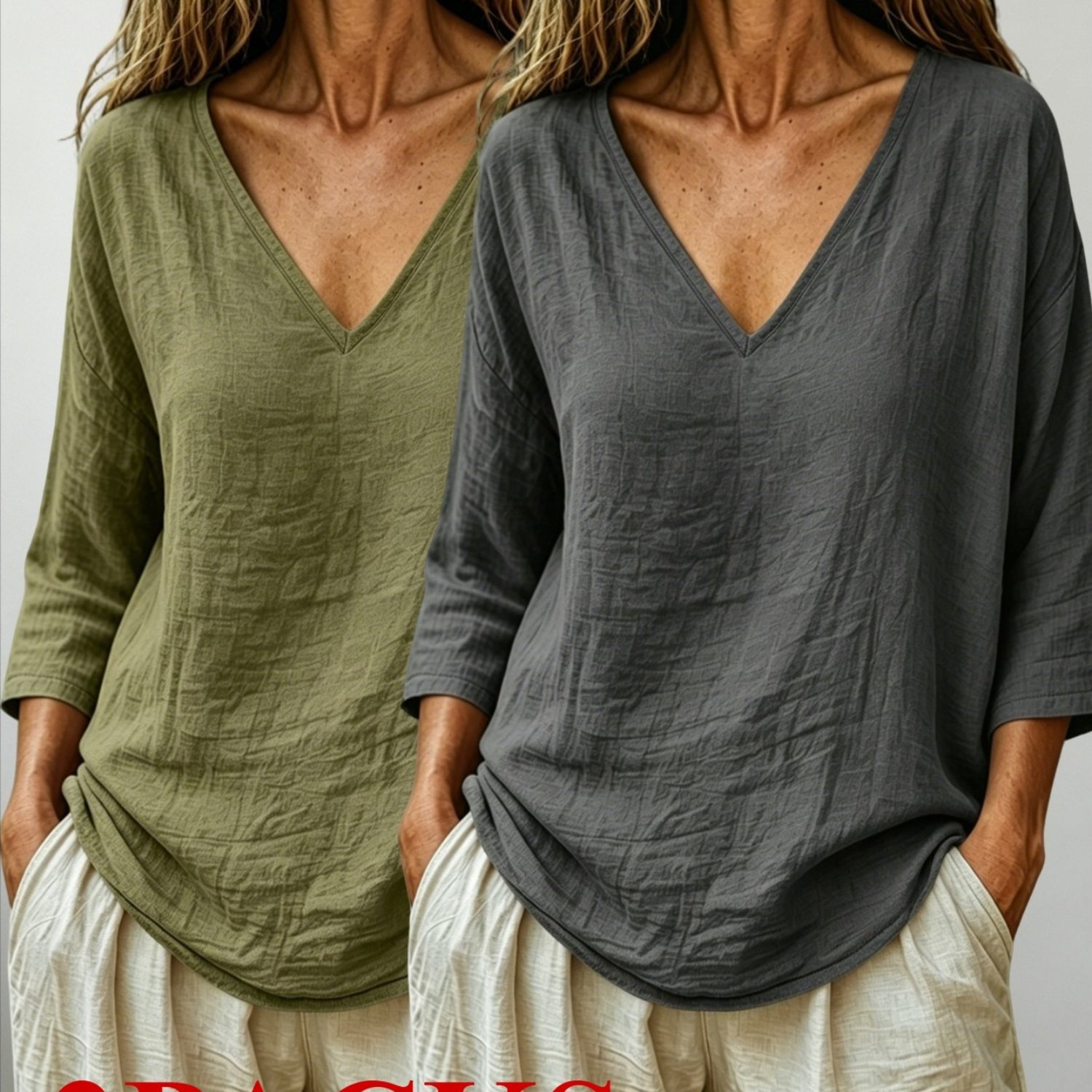 TEMU 2 Packs V-neck 3/4 Sleeve Tops, Women's Loose Breathable Summer Casual Blouse Shirts