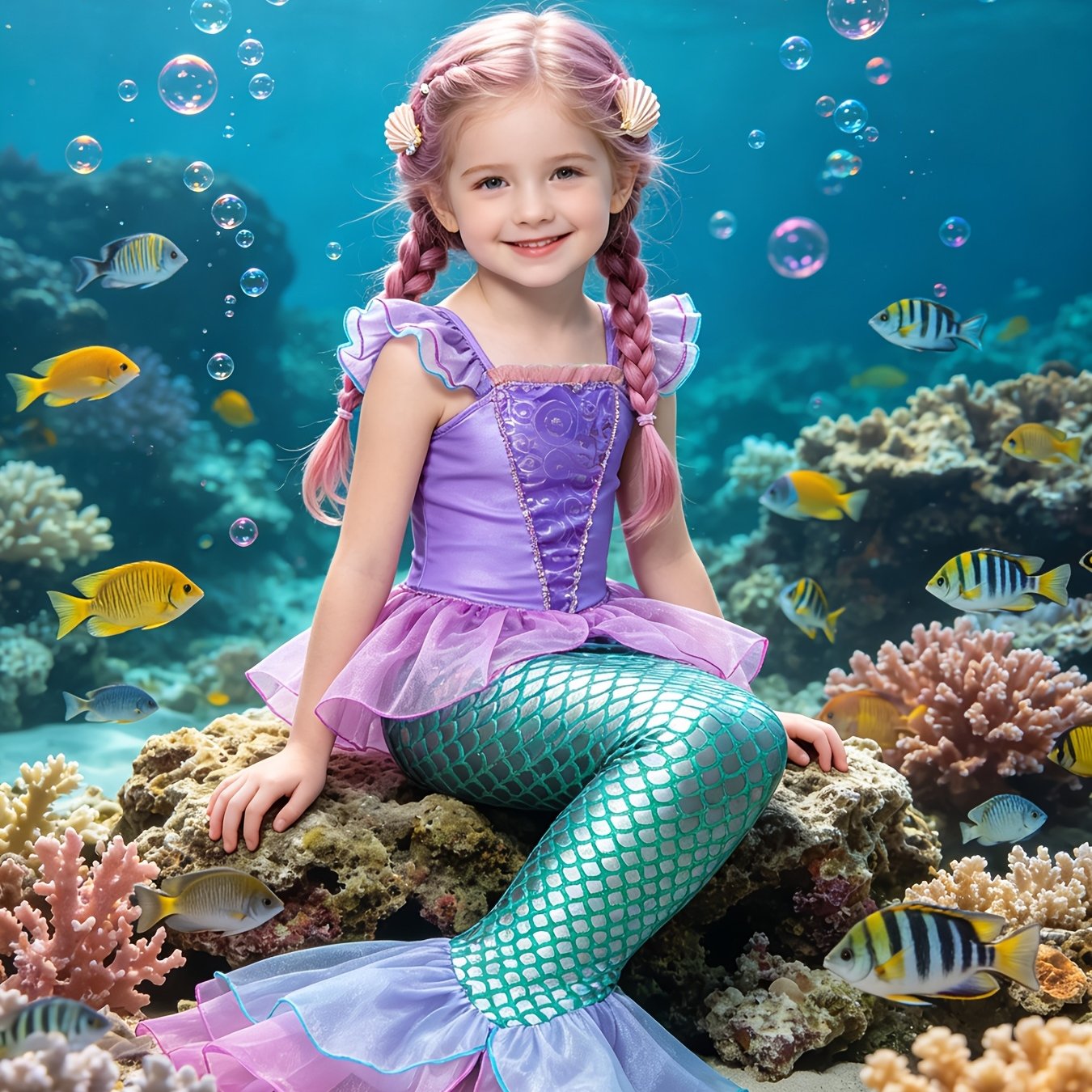 TEMU Halloween Girls' Dress [not For Swimming] Mermaid Dress For Girls, Purple-green Color-block Princess Skirt With Scale Design And Mesh, And
