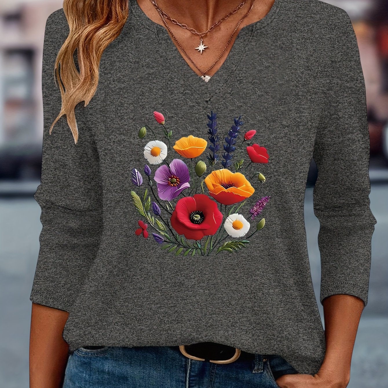 TEMU Colorful Floral Print European And Women's Spring And Autumn Daily Versatile Casual Fashion V-neck Three-quarter Sleeve T-shirt