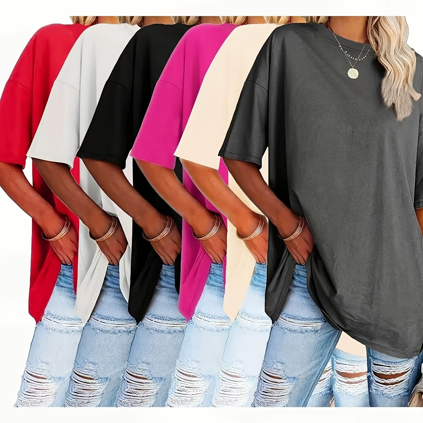 6-pack Women's Plus Size Short Sleeve T-shirts - Casual Crew Neck Solid Color Knit Polyester Tops With Stretch For
