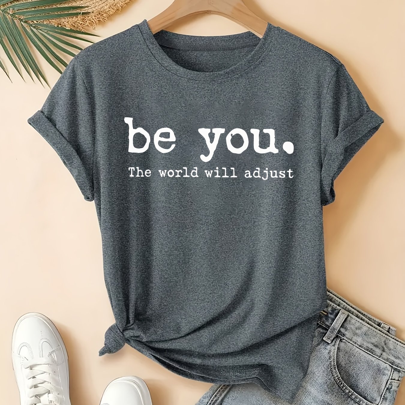 TEMU Women's Plus-size Casual T-shirt Featuring The Print ". The World Will Adjust". This Stylish Round-neck Short-sleeve Top Is Perfect For Spring,