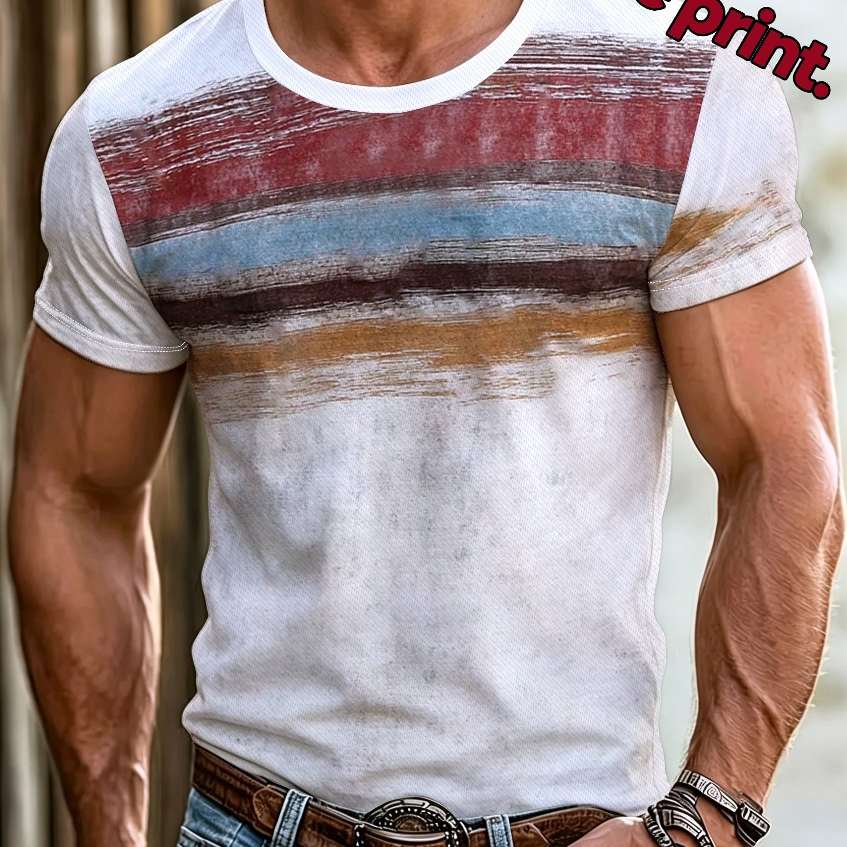 TEMU Vintage Washed Horizontal Stripe Men's T-shirt, Western Vintage Distressed Texture Crew Neck Short Sleeve Casual Summer Top