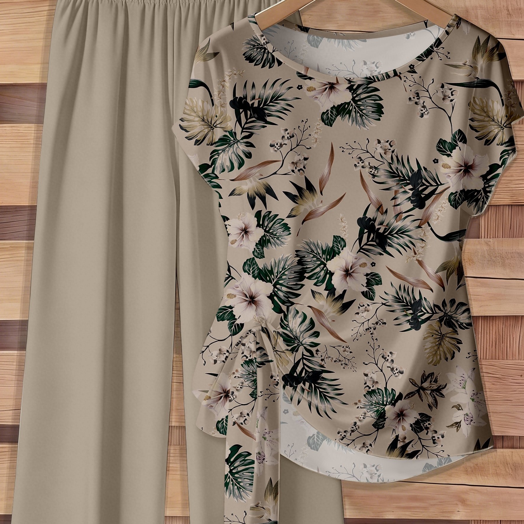 TEMU Elegant Women's 2pcs Set With Fashionable Printed Side-tie Top And Pants For Parties, Summer Fashion Style, Women's 2pcs Outfit, Office Work