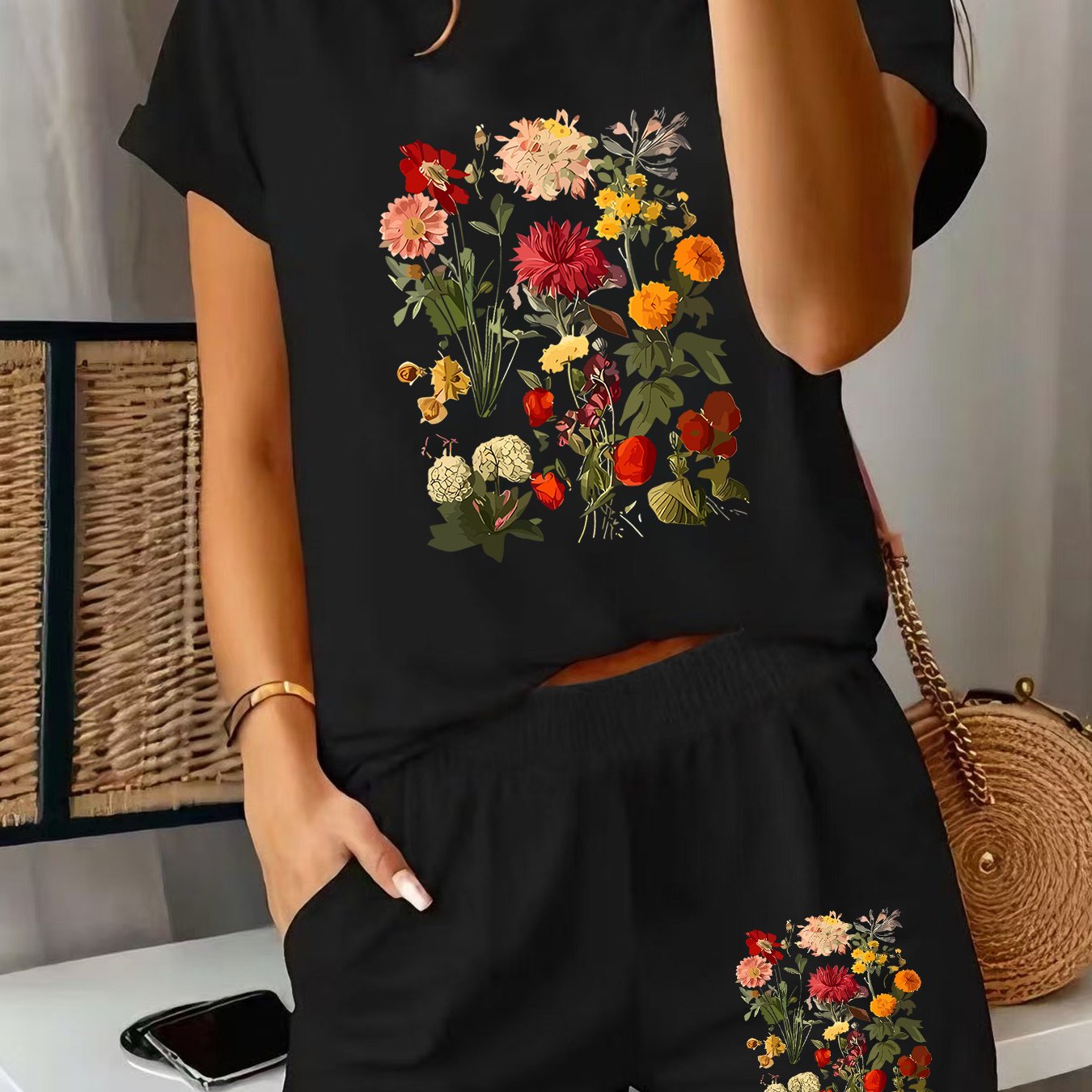 TEMU 2026 Year Of The Horse 2pcs Women's Spring Short Sleeve Set - Vintage Oil Painting Floral Print Short Sleeve And Shorts Set, Comfortable, Soft,