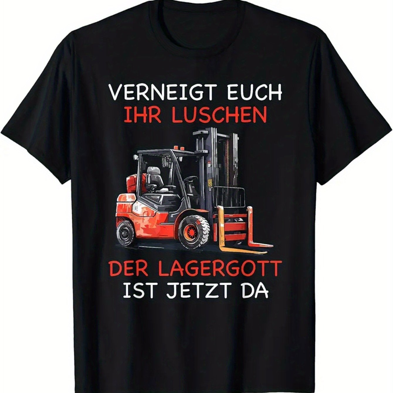 Humorous T-shirt For Male Warehouse Workers - Featuring The Saying 'warehouse God Is Here' With A Forklift Graphic, Ideal For And Inventory Jobs - For , , Machine Washable, Relaxed Style