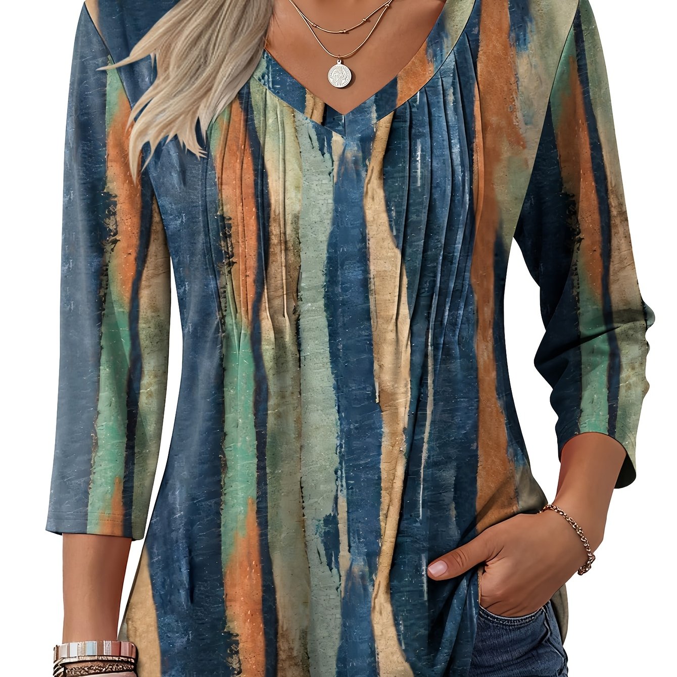 TEMU Women's Elegant Comfortable 3/4 Sleeve Top, Fashionable Blouse, Loose Casual V-neck Ruched Three-quarter Sleeve T-shirt