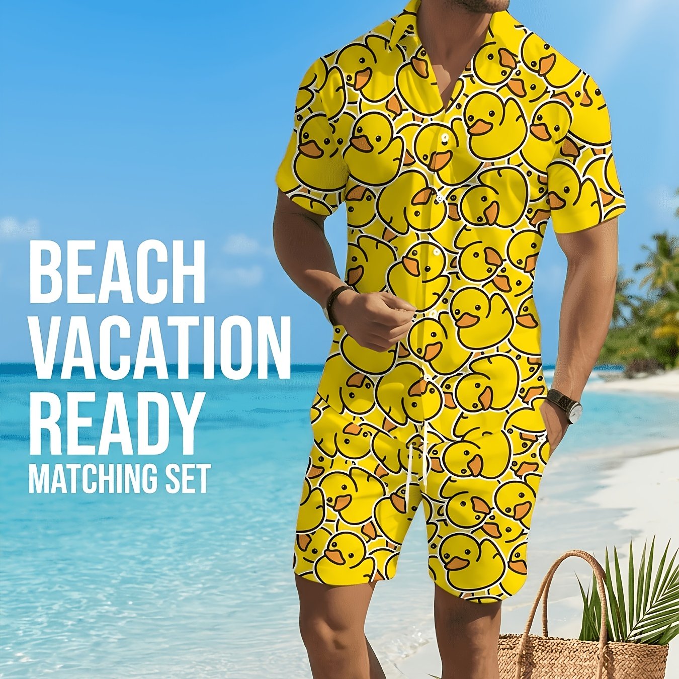 Image of Men's Casual Fashion Hawaiian Shirt And Shorts Set With 3d Little Yellow Duck Shirt