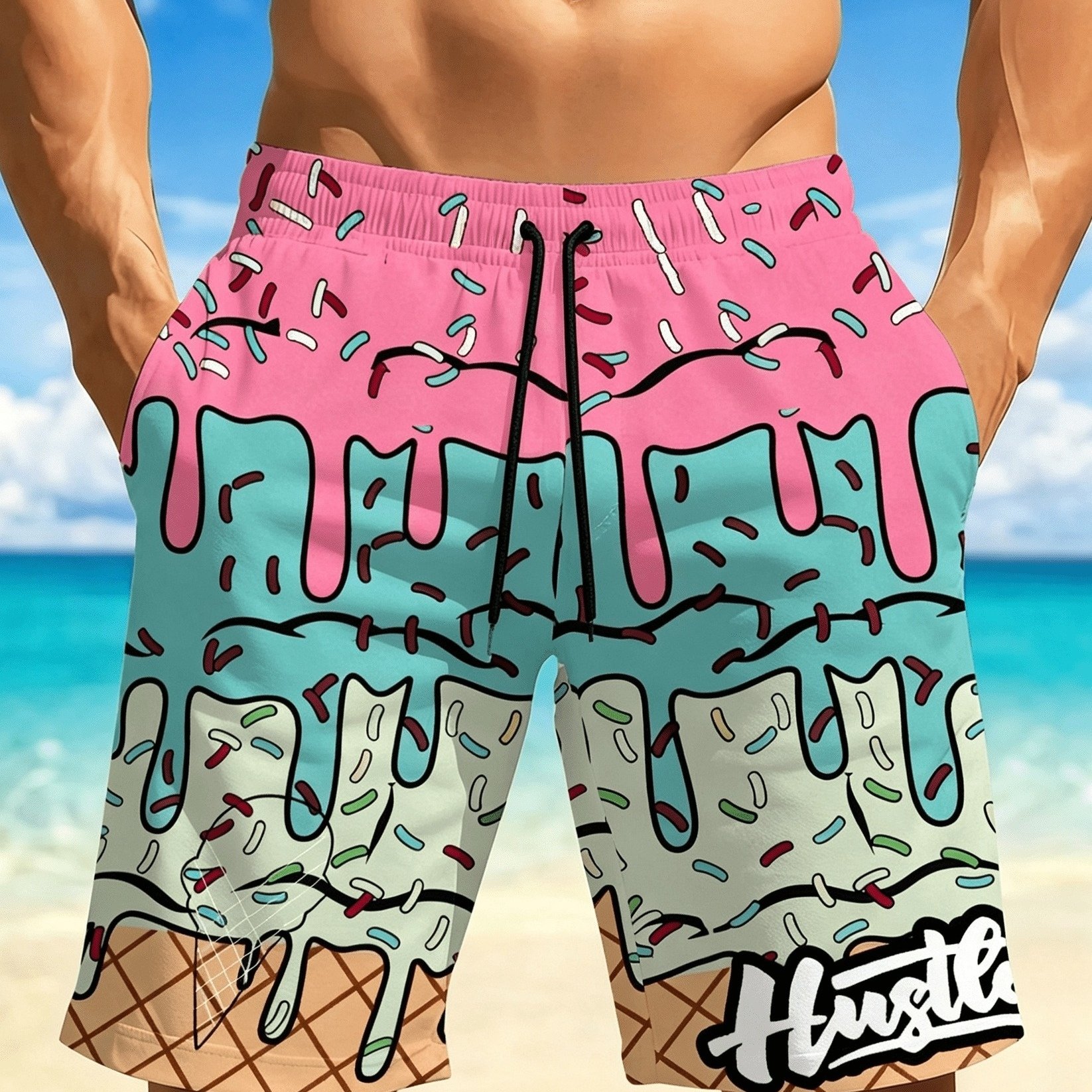 TEMU Men's Quick-dry Breathable Beach Shorts, Featuring Colorful Printed Designs, Elastic Waistband With Drawstring, And Pockets, Shorts Are Perfect