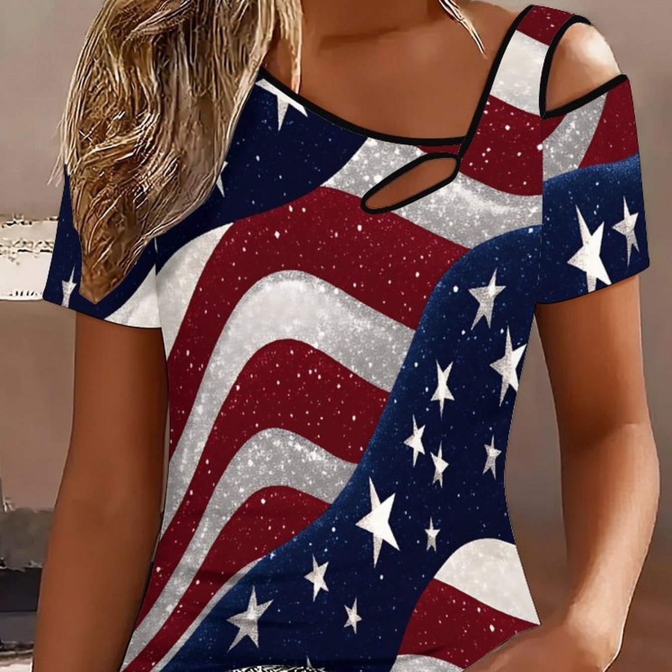 TEMU Ladies' Fashionable And Elegant Cold-shoulder Cutout Asymmetrical T-shirt, 250th Anniversary Day Flag Print, Feminine Design, Fashionable