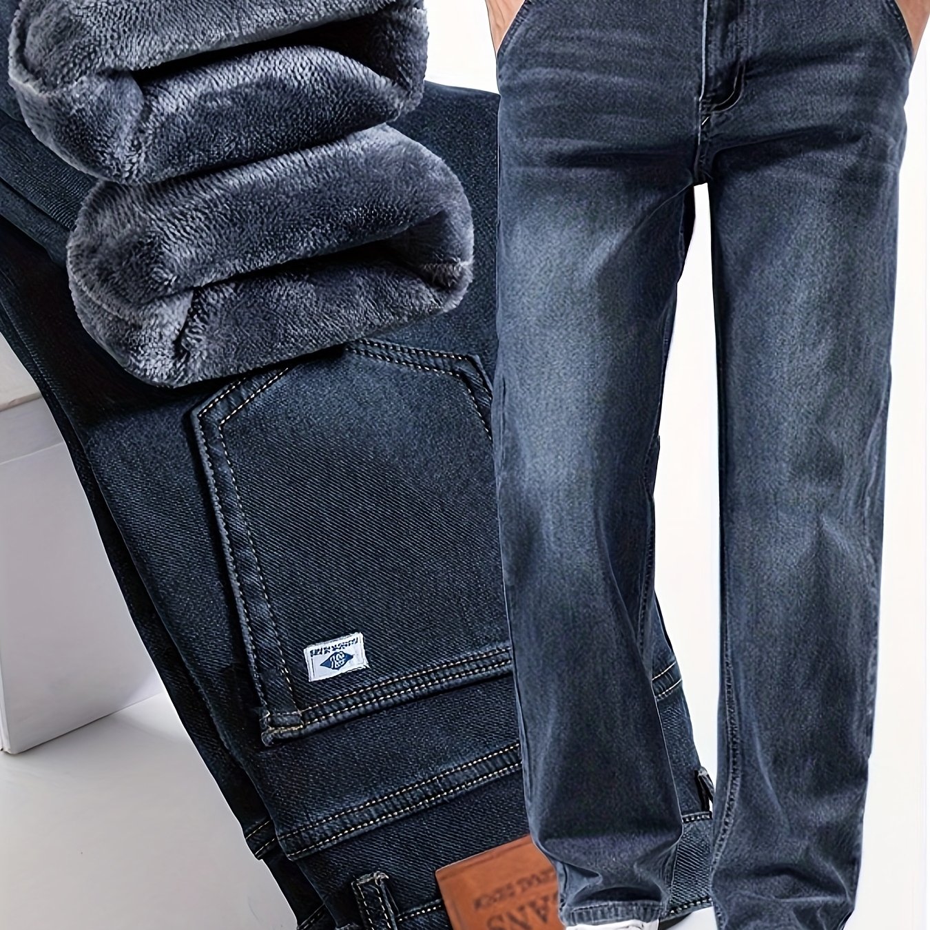 Men' Business -lined Thickened Micro-stretch Jeans, Slightly Wide-, Lifts And The Waist, Non-bulky, Autumn Menswear