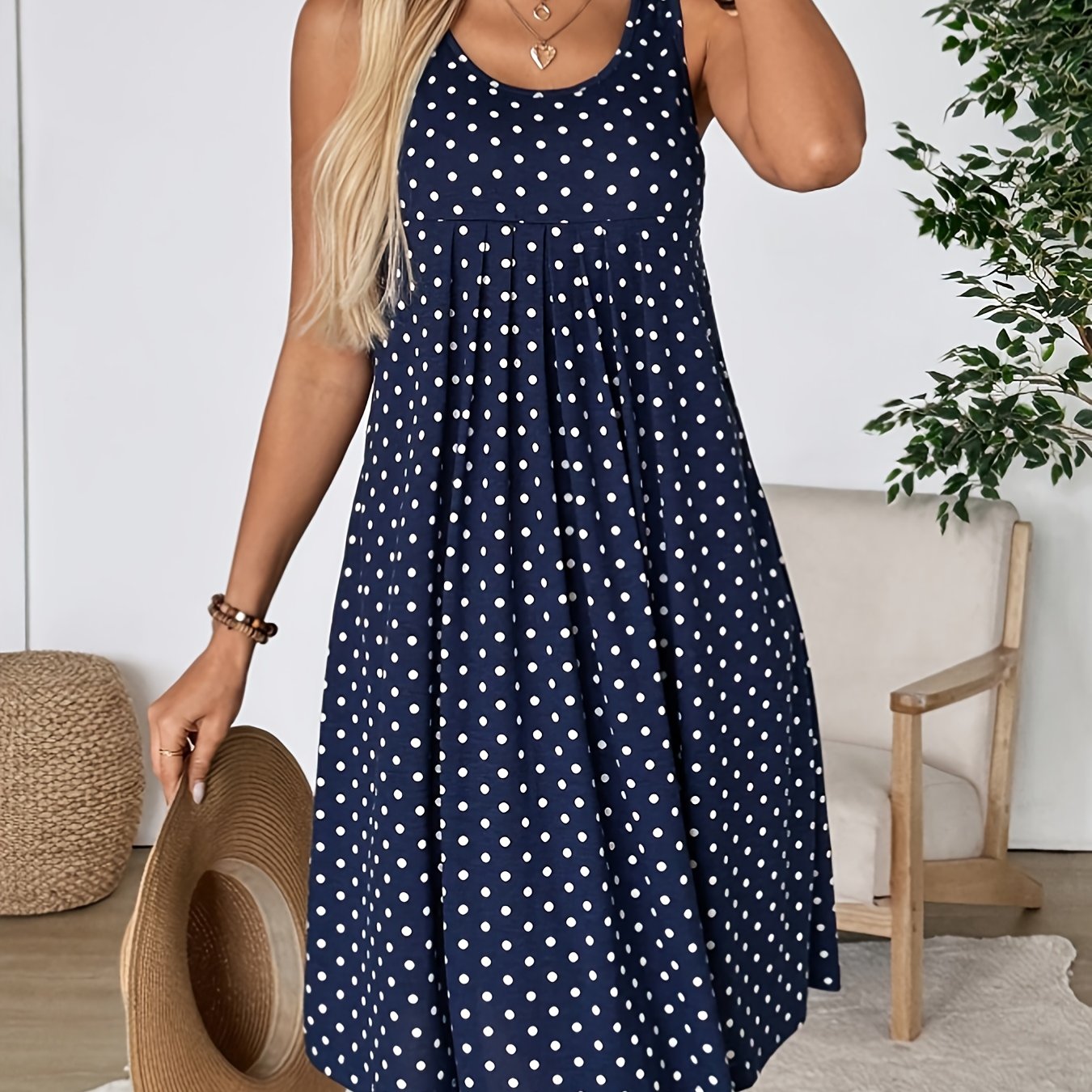 TEMU Plus Size, Plus-size Women's Summer Mini Dress, Casual Polka Dot Print Suspender Style, Women's Summer Dress, Polka Dot Dress