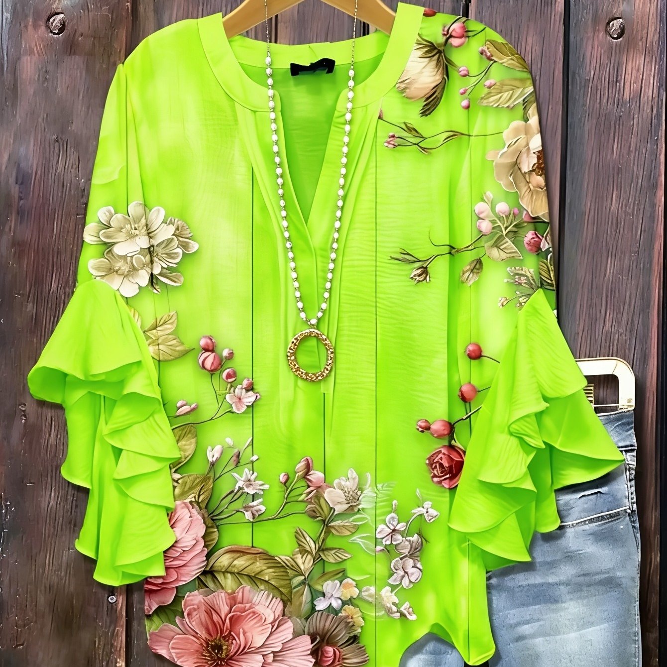TEMU Plus Size, Elegant Bohemian Style V-neck T-shirt For Women In Plus Size Turquoise Blue And Colorful Floral Print Ruffle Sleeve Top Casual Loose
