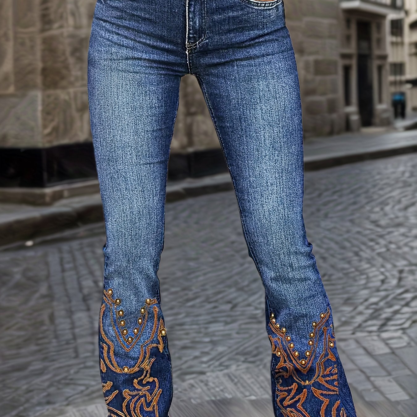 TEMU Hme Autumn/winter New Arrival - Women's Flared Jeans With Color Block Print And Rivet Details, Stretchy Flare Leg Jeans For A Peach Effect,