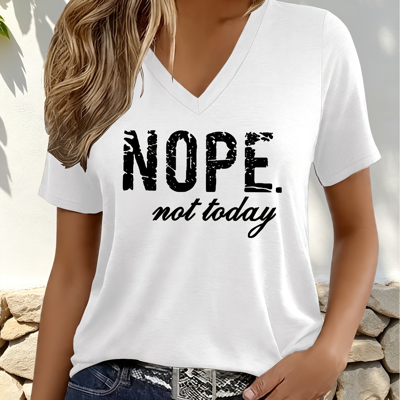 TEMU Nope. Not Today Lettering Summer Women's Clothing Casual Fashion V-neck Women's Short Sleeve T-shirt _9746