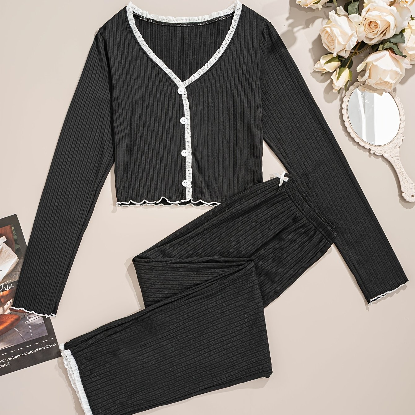 TEMU Completo pigiama a righe con scollo a balze vestibilit� aderente