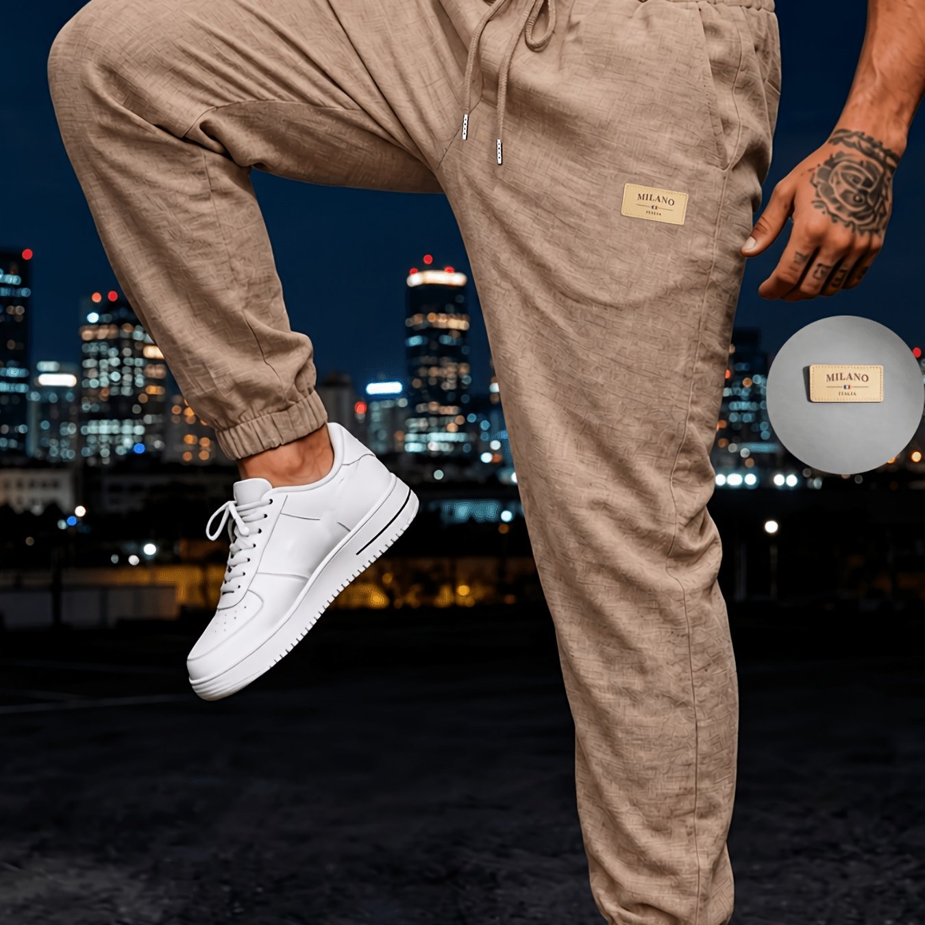 TEMU [qiaoximei Obm] Men's Breathable Sports Fashion Textured Letter Patched Outdoor Long Pants, Elastic Drawstring, Pockets. Summer Quick--match
