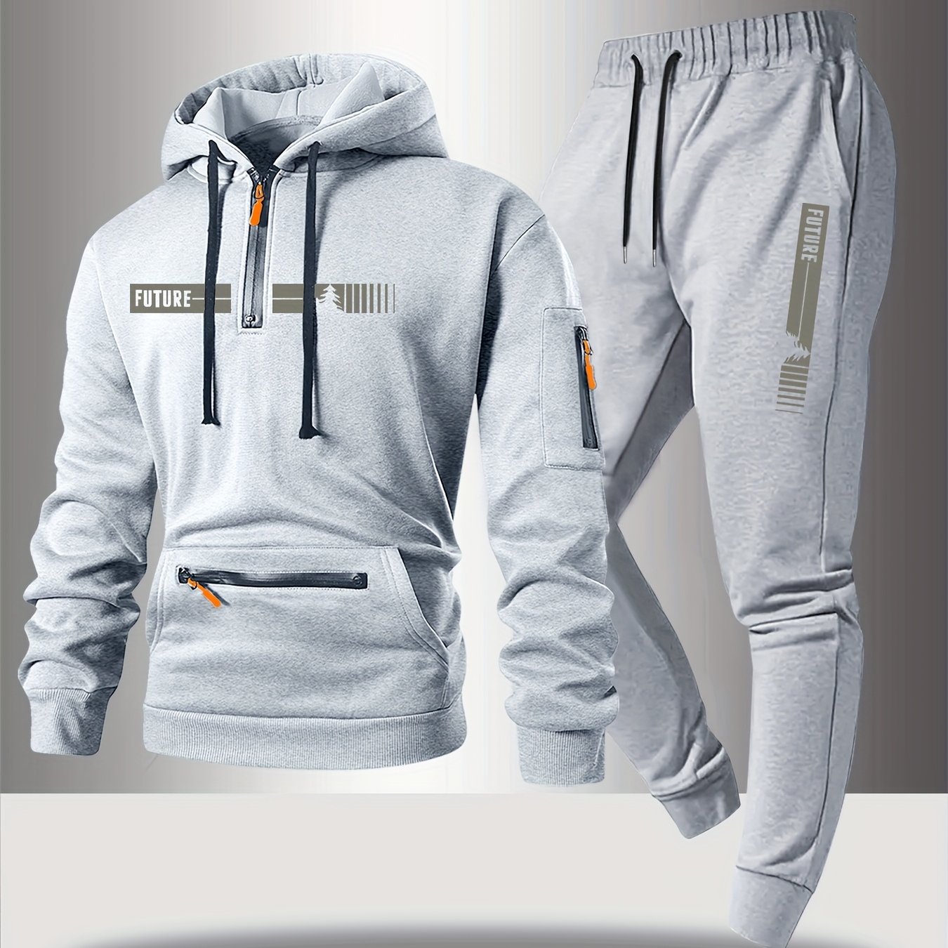TEMU Men's 2pcs Set: -lined Warm Sweatshirt 2pcs Set With Printed Drawstring Pocket, Half-zip Color Chain Hoodie Design, Sleeve Zipper Pocket Hoodie,