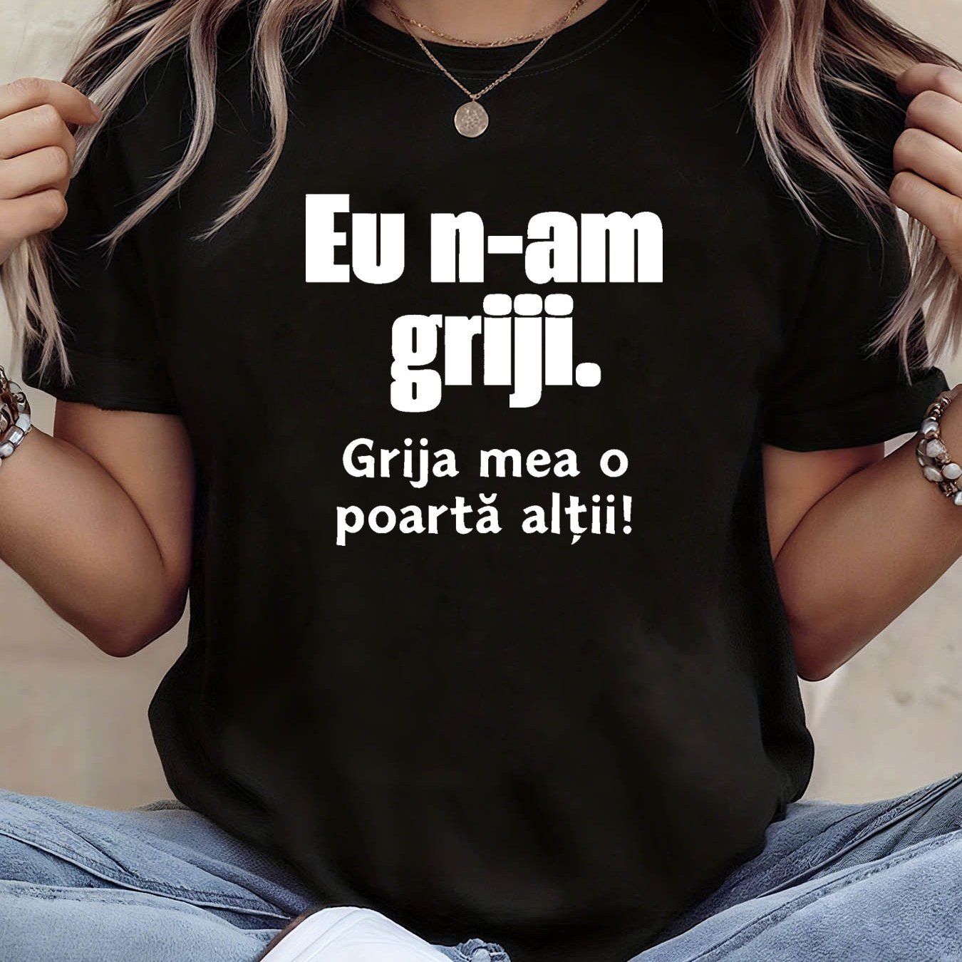 TEMU Women's Romanian T-shirt "eu N- Griji" (i Have ) - Short Sleeve Crew Neck Casual Top With Romanian Lettering, Spring Summer Casual Attire,