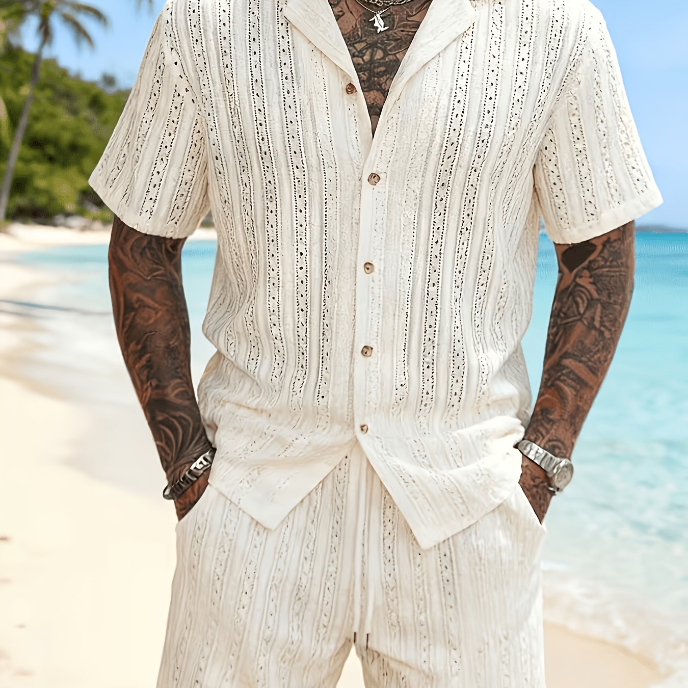 TEMU Men's Summer Beach Collection, Men's Shirt And Shorts Set, Perfect For Casual Sports And Beach Outdoor Travel