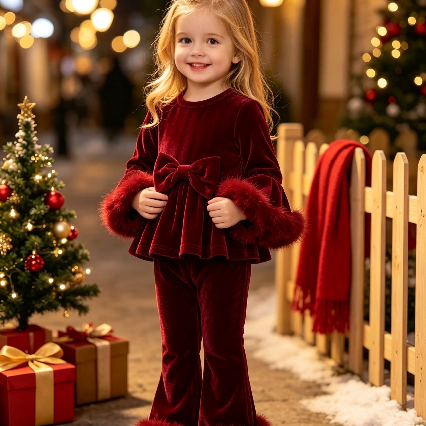 TEMU Baby Girl Christmas 2pcs Round Neck Solid Color Trumpet Sleeve Plush Border Bow Top&trumpet Pants Party, Perfect For Outdoor