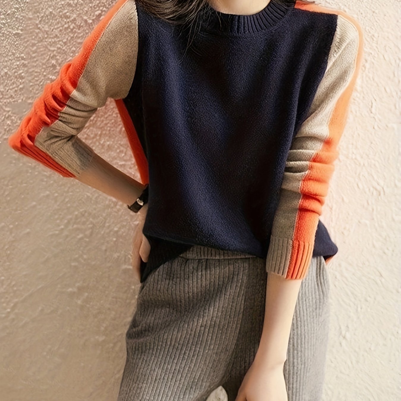 Image of Pullover Hair Needle Sweater 2022 Autumn/winter New Arrival Stylish High-end Minimalist Color Block Long Sleeve Top For Women