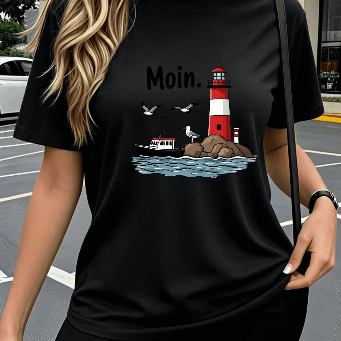 Image of Casual Nautical Style, Women's T-shirt 100%, Lighthouse And Boat Graphic Print, Summer, Crew Neck, Short Sleeve, 2026 New Summer T-shirt