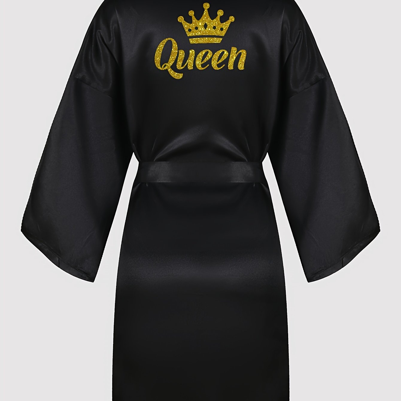 Queen Letter Pattern Night Robe, 3/4 Sleeve V Neck Robe With Belt, Women's Sleepwear