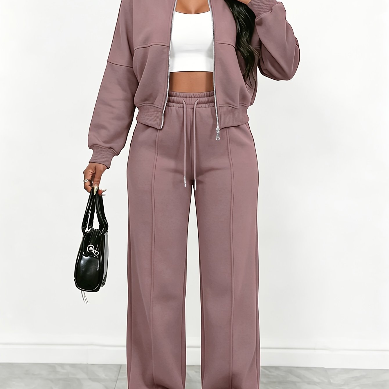 TEMU Conjunto de 2 piezas para mujer: sudadera de cuello con cremallera y pantalones largos, a y elegante