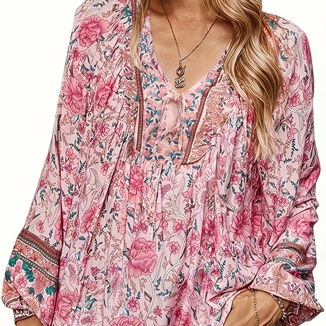 Plus Size - Plus Size - Plus Size Women's Printed Blouse, Long Sleeve V-neck Loose Shirt, Perfect For Spring/fall