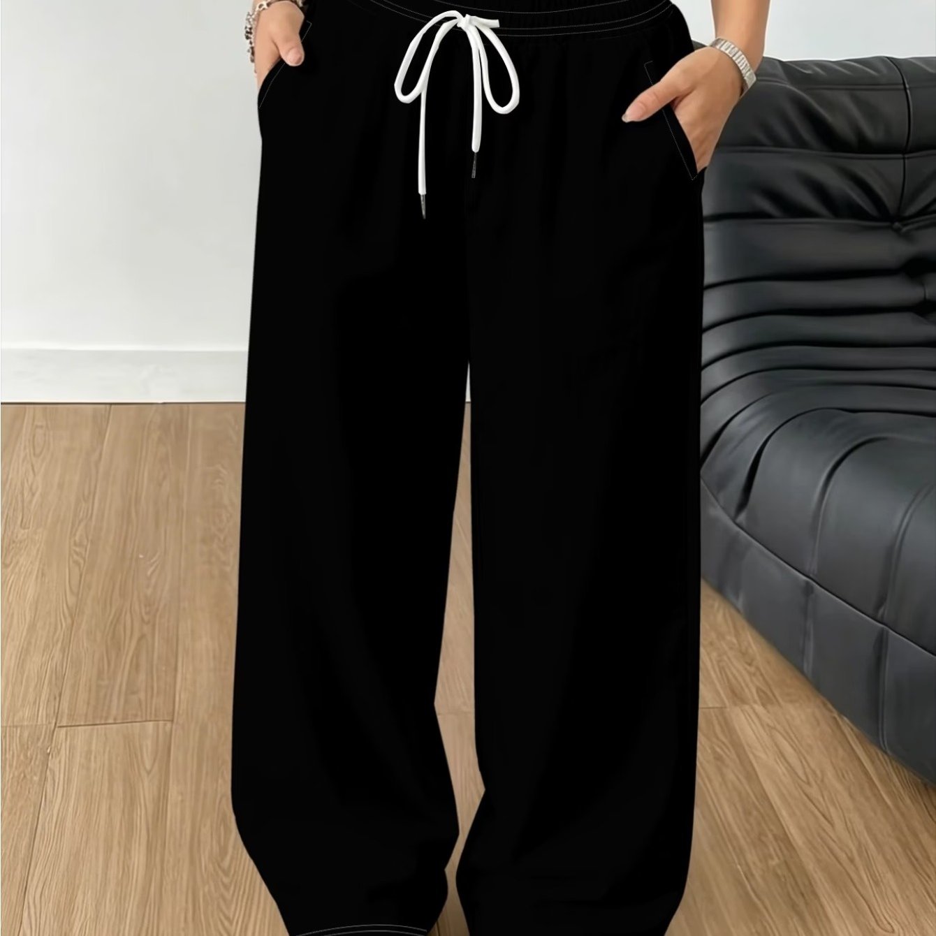 TEMU [printed Design - Not Textured] Full Print - Women's Fashion Casual Wide-leg Pants, Solid Black Plain Loose Versatile Trousers