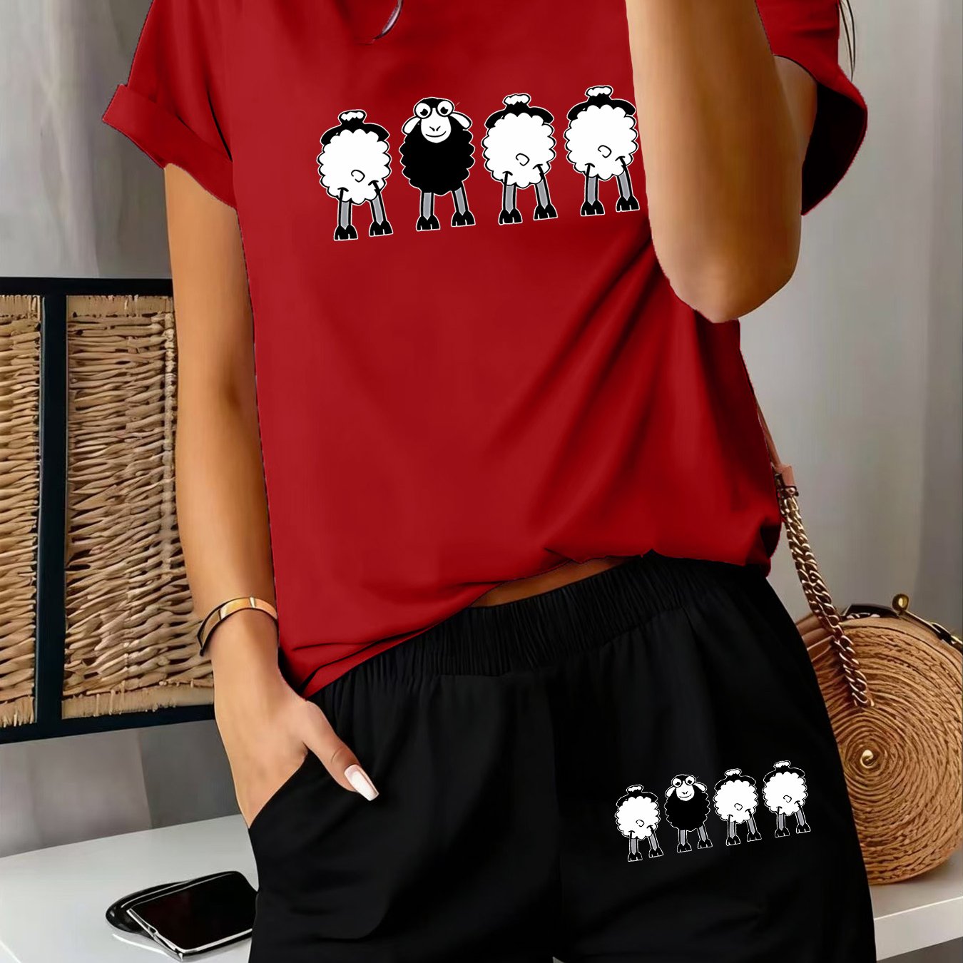 TEMU 2pcs Women's Spring Summer Short Sleeve Pajamas & Sleepwear - Cute Lamb Print Shorts & Matching Shorts Suit, Soft Breathable Pajamas For, Gym,