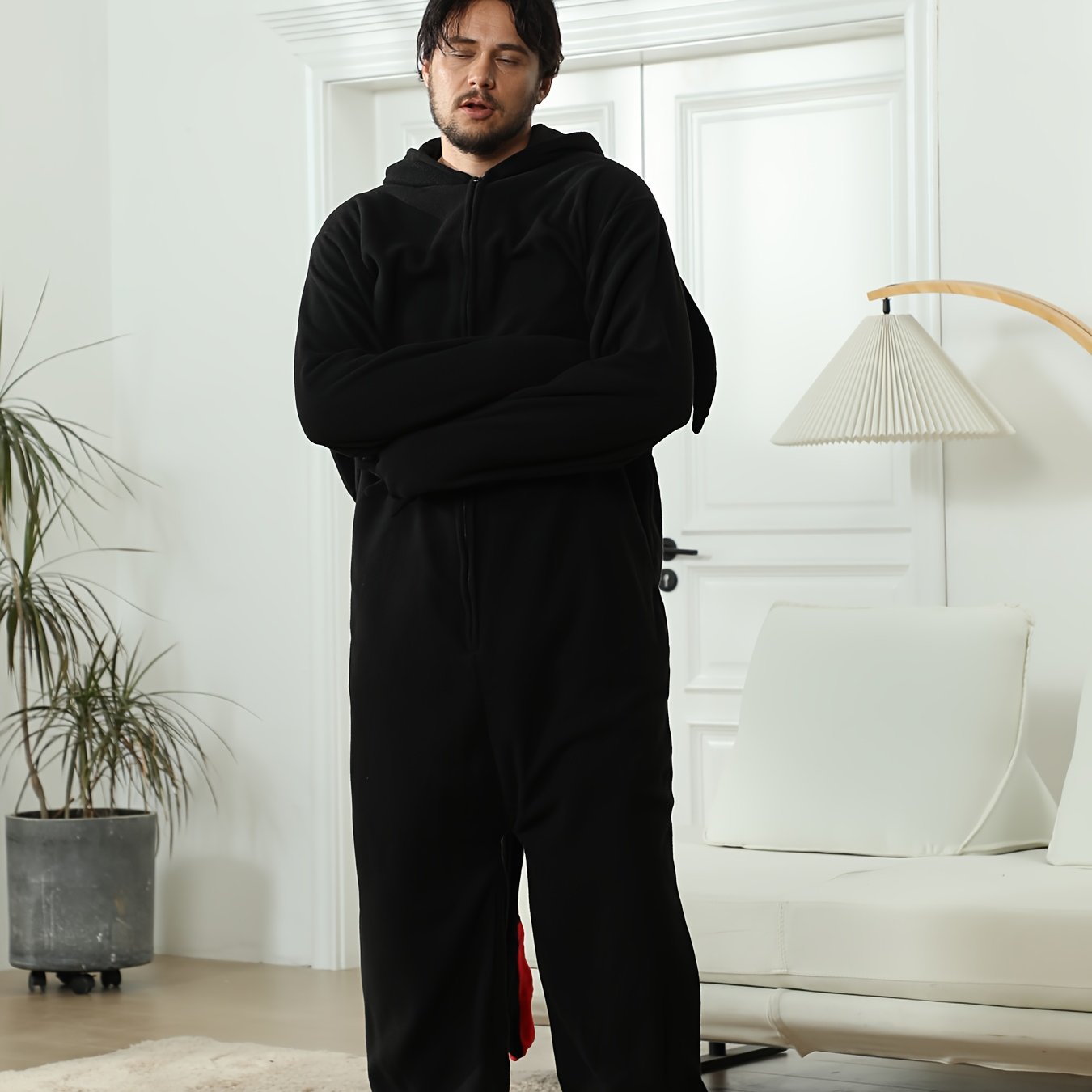 Image of Men's Cozy Flannel-lined Dragon Onesie Pajamas | Thick, Warm Hooded Sleepwear With Batwing Sleeves For Autumn & Winter, Ideal For Halloween & Christmas Parties, Cute Pajamas