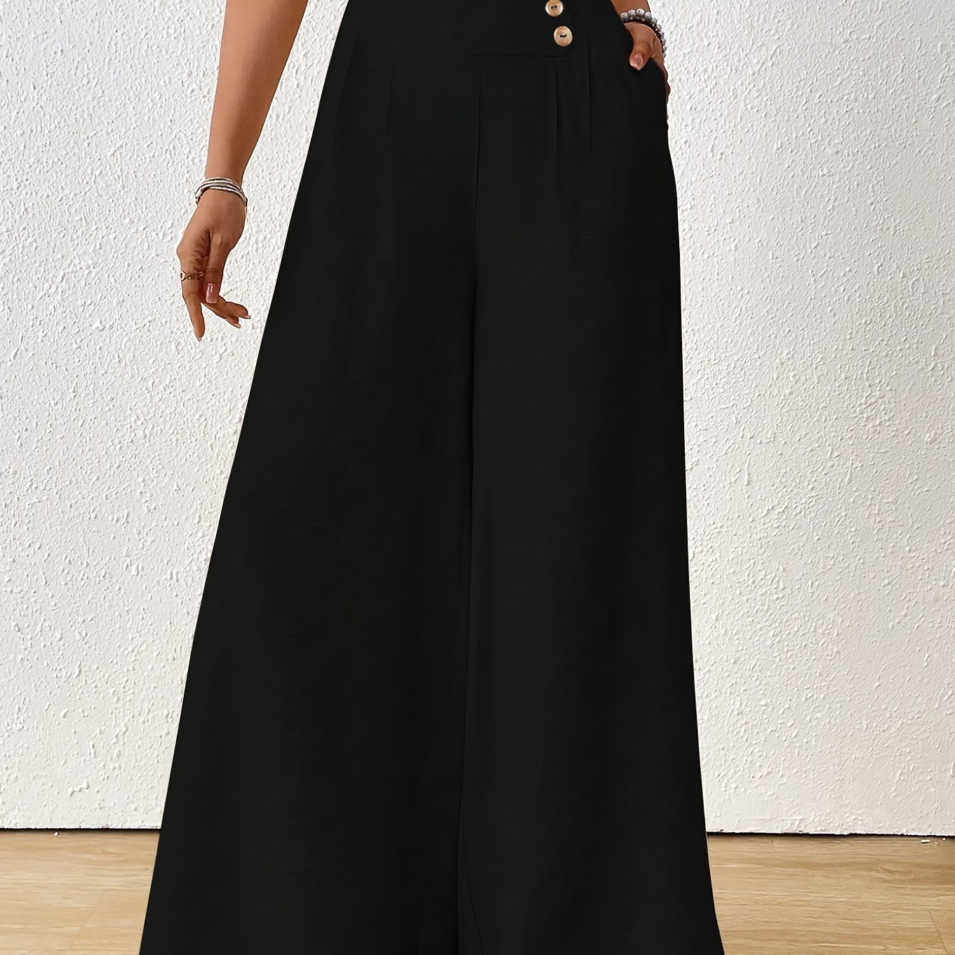 E-shop Herbst Winter Damen Elegante Einfarbige High-Waist Knopfleiste Elastische Taille Echte Locker Geschnittene Schuhe Hose