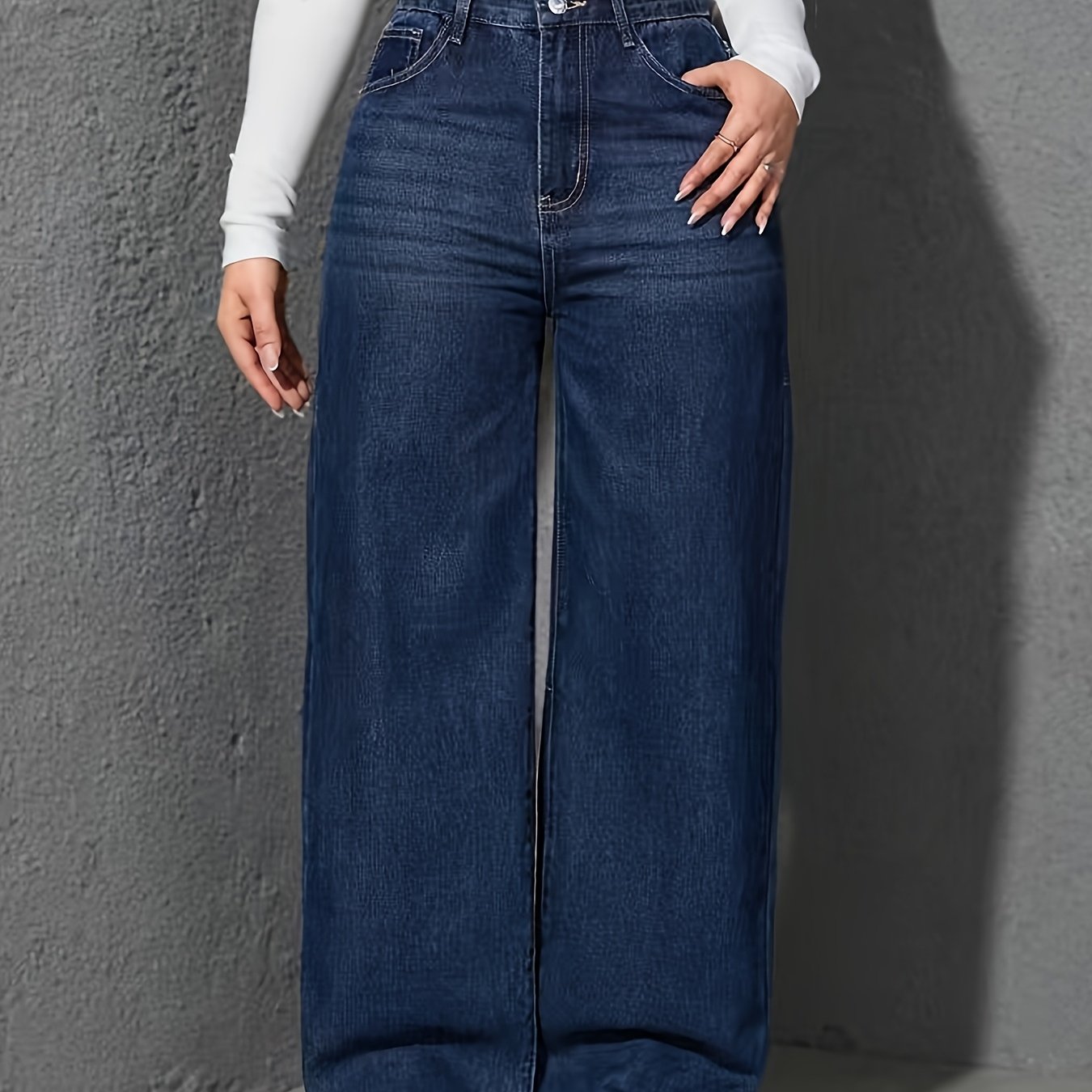 New High-waist Dark Blue Wide-leg Jeans, Women's Elastic Loose Straight-leg Jeans