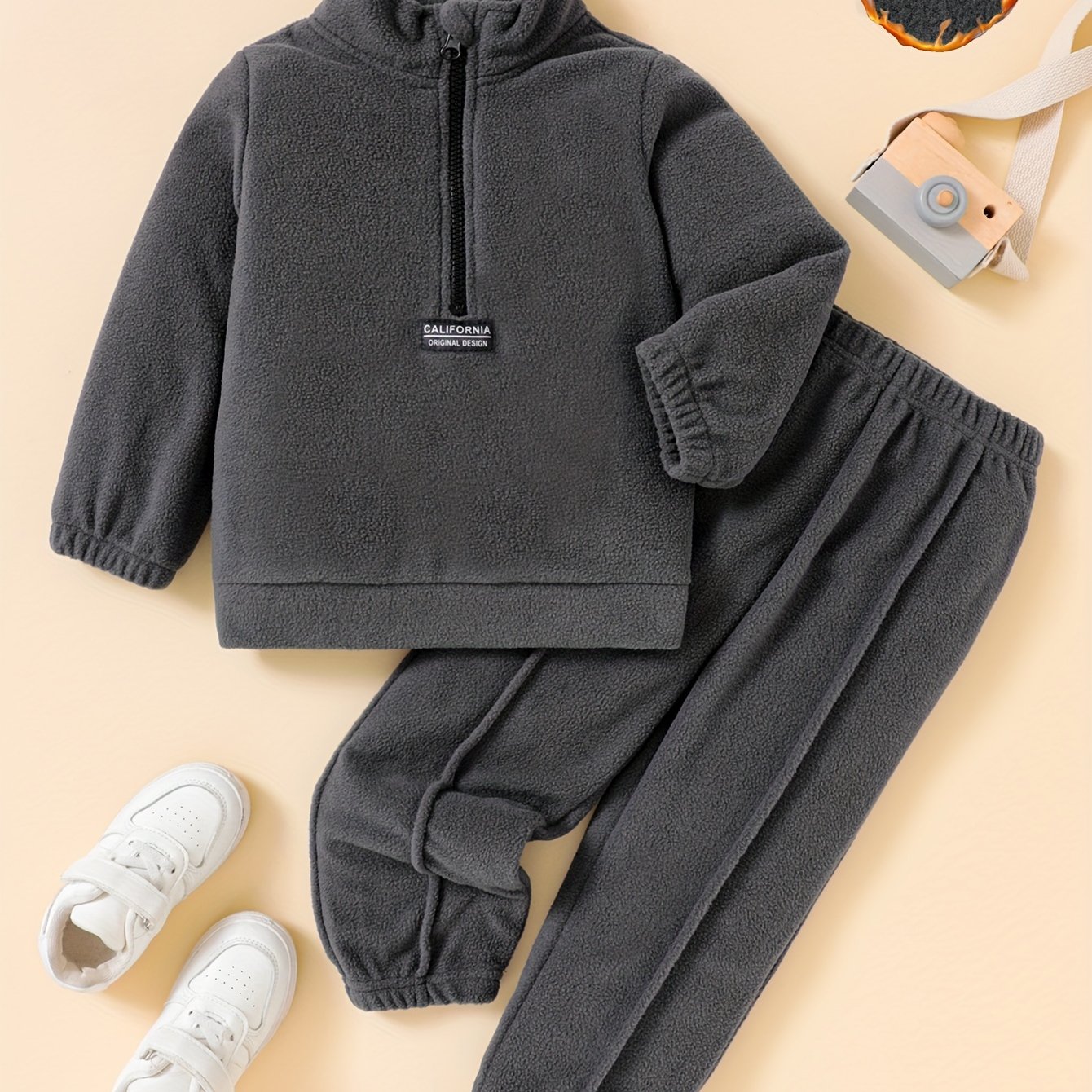 Boys' Autumn/winter Gray Solid Color -lined Warm Zip-up Top & Pants Two-piece Set, Perfect For Outdoor