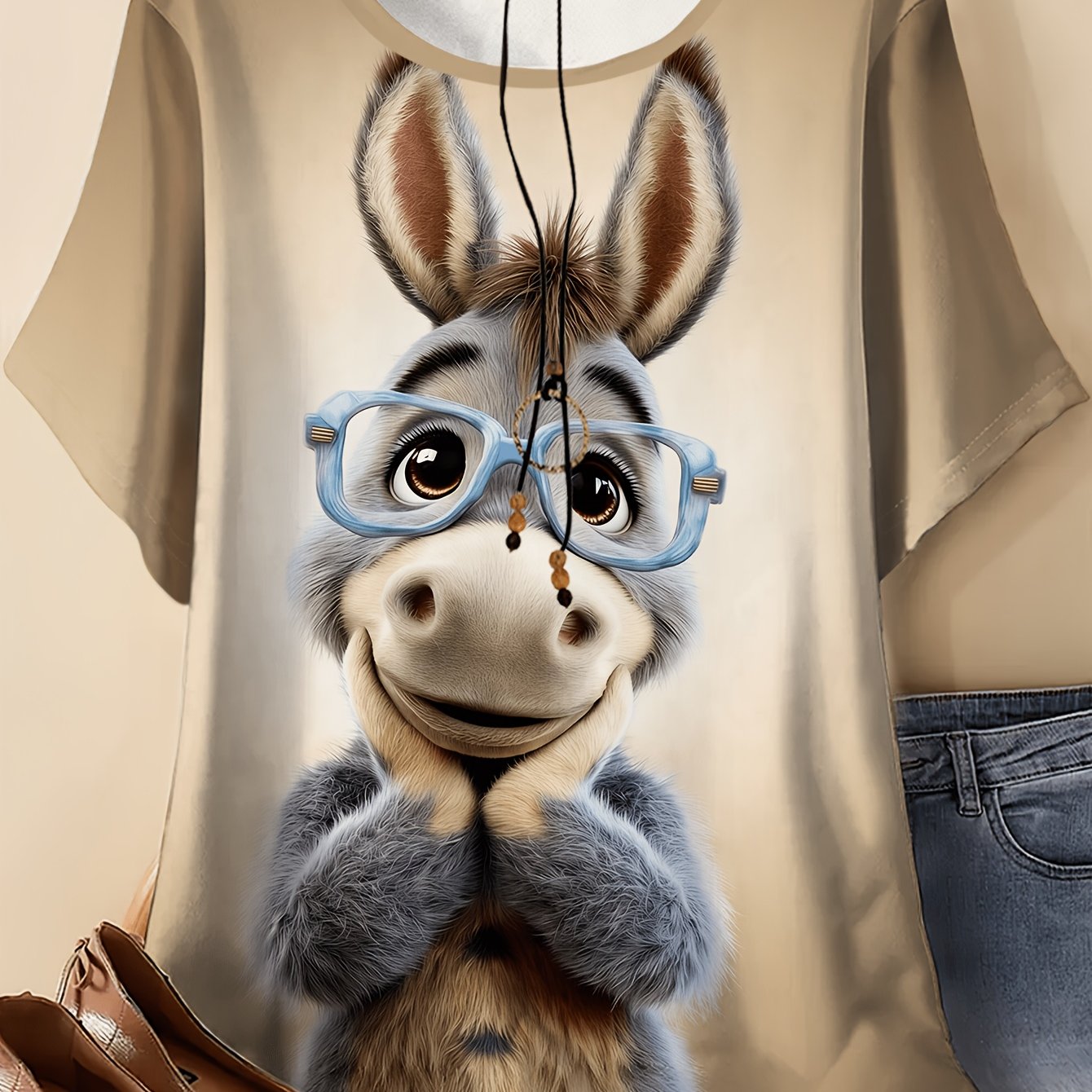 TEMU Plus Size - Plus Size - Plus Size - Women's Casual Top With Cute Donkey Wearing Blue-framed Glasses, Chin Resting, Adorable And Super Soothing,