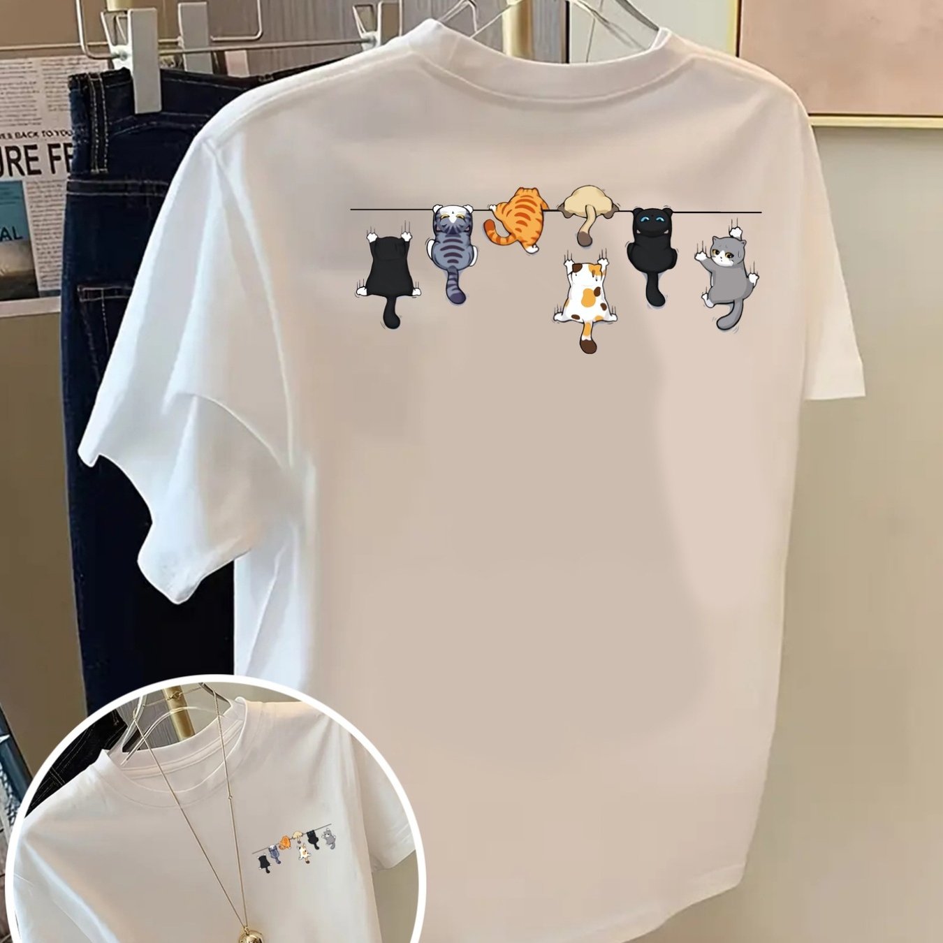 TEMU 앞뒤 프린팅 반팔 티셔츠 - 고양이 랜야드, 스타일리시한 만화 고양이 프린트. 남녀공용 루즈핏 프린팅 티셔츠, 봄/여름 트렌디한 캐주얼웨어, 패션 필수 아이템