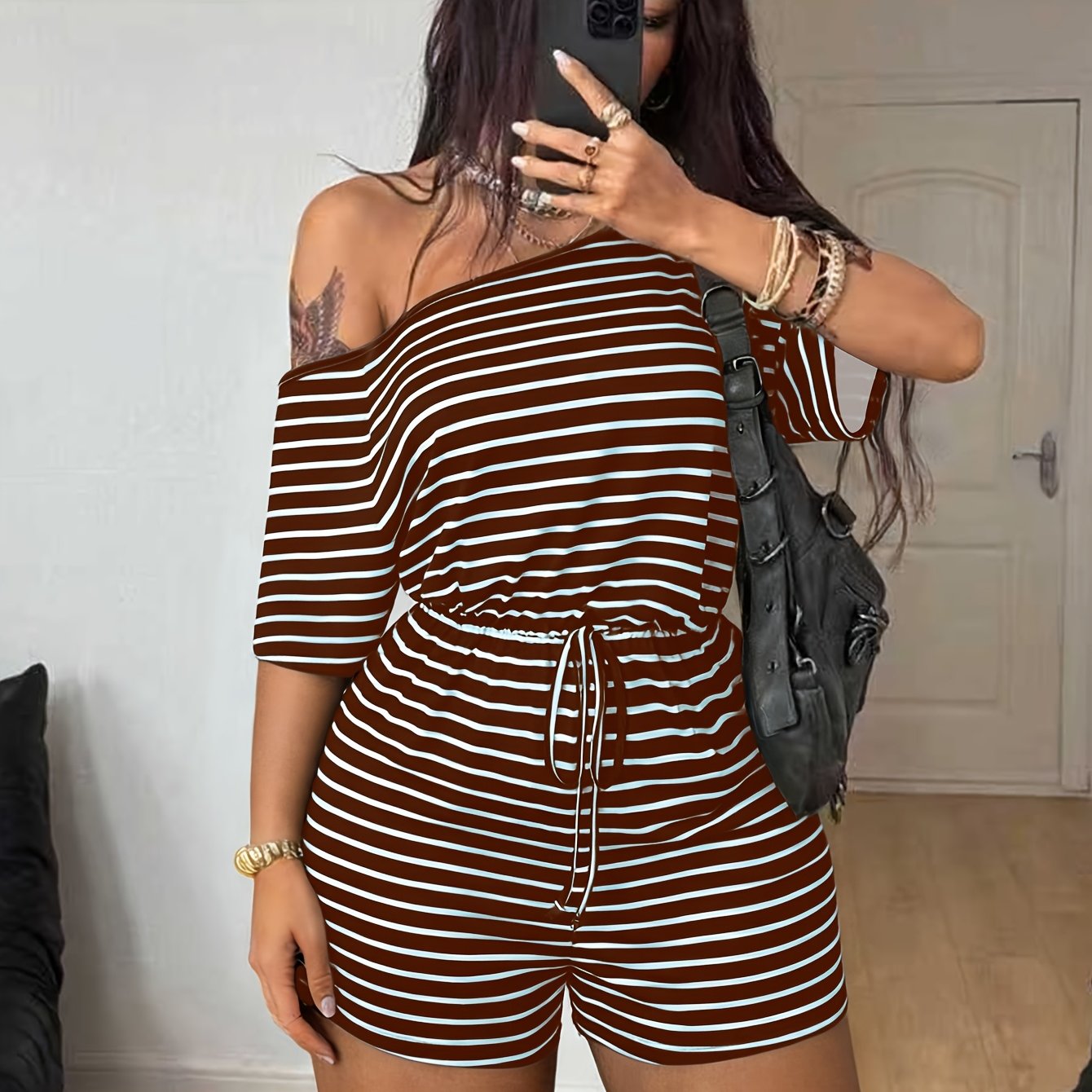 TEMU Standard Size Women's Pajamas, Casual Striped Print Fashion Off-shoulder Outerwear Homewear Set