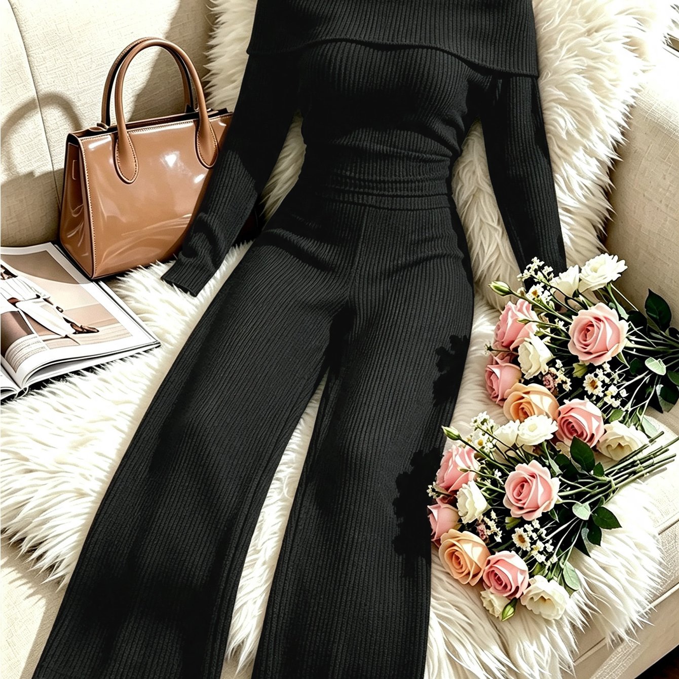 TEMU Off-shoulder Ribbed 2pcs Set, Sexy Off-shoulder Top   Wide-leg Flared Pants