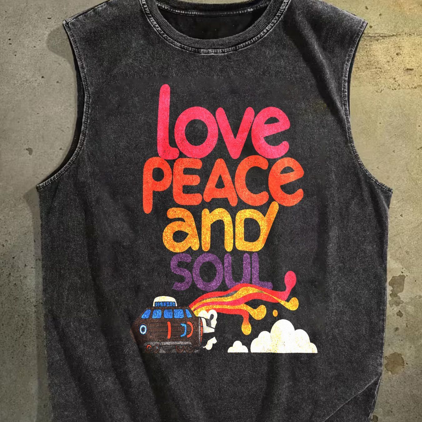 TEMU Vintage-inspired Sleeveless Tee With Retro Love, Peace, And Soul Graphics - Trendy Unisex Acid- Featuring A Old-school Train Motif, Ideal For