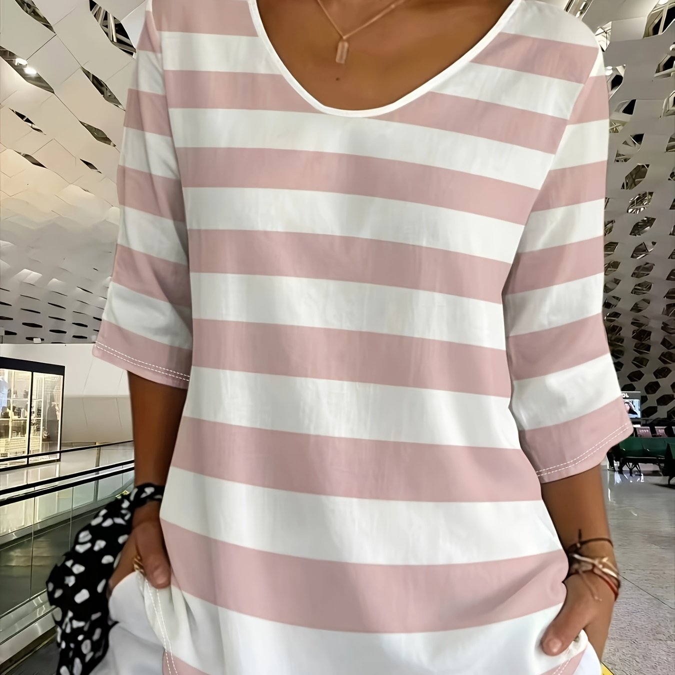 TEMU Plus Size, Casual And Fashionable Holiday Women's Regular Fit Striped -quarter Sleeve T-shirt Top