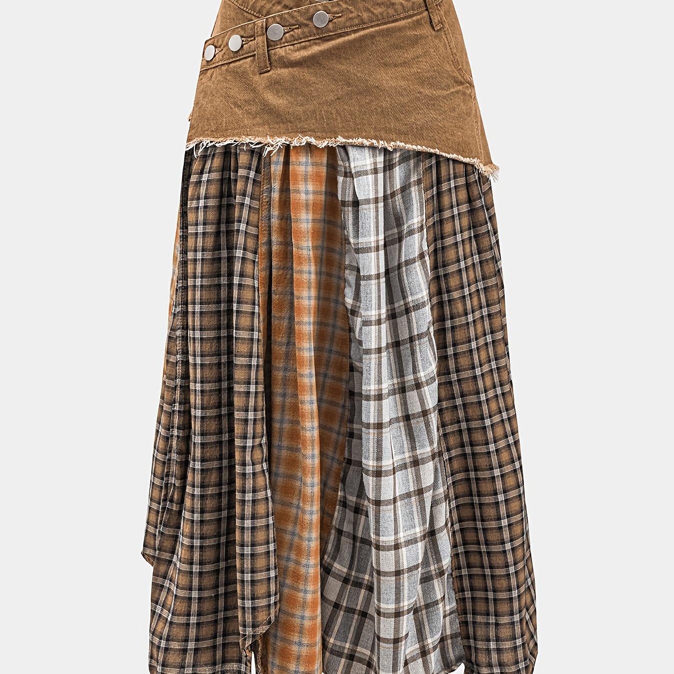TEMU Jupe mi-longue pour femmes, jupe à ourlet irrégulier, patchwork à carreaux, imprimé aléatoire, jupe patchwork asymétrique pour femmes, styles