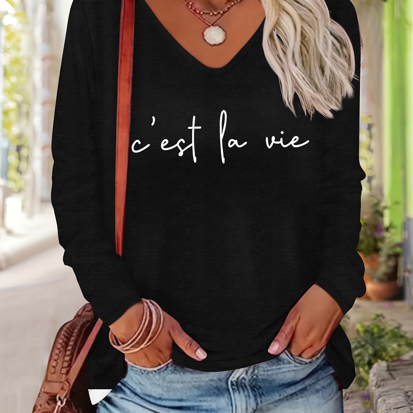 TEMU Haut d'automne-hiver pour femmes avec imprimé de lettres, T-shirt à manches longues et col en V, décontracté, facile et polyvalent, tendance