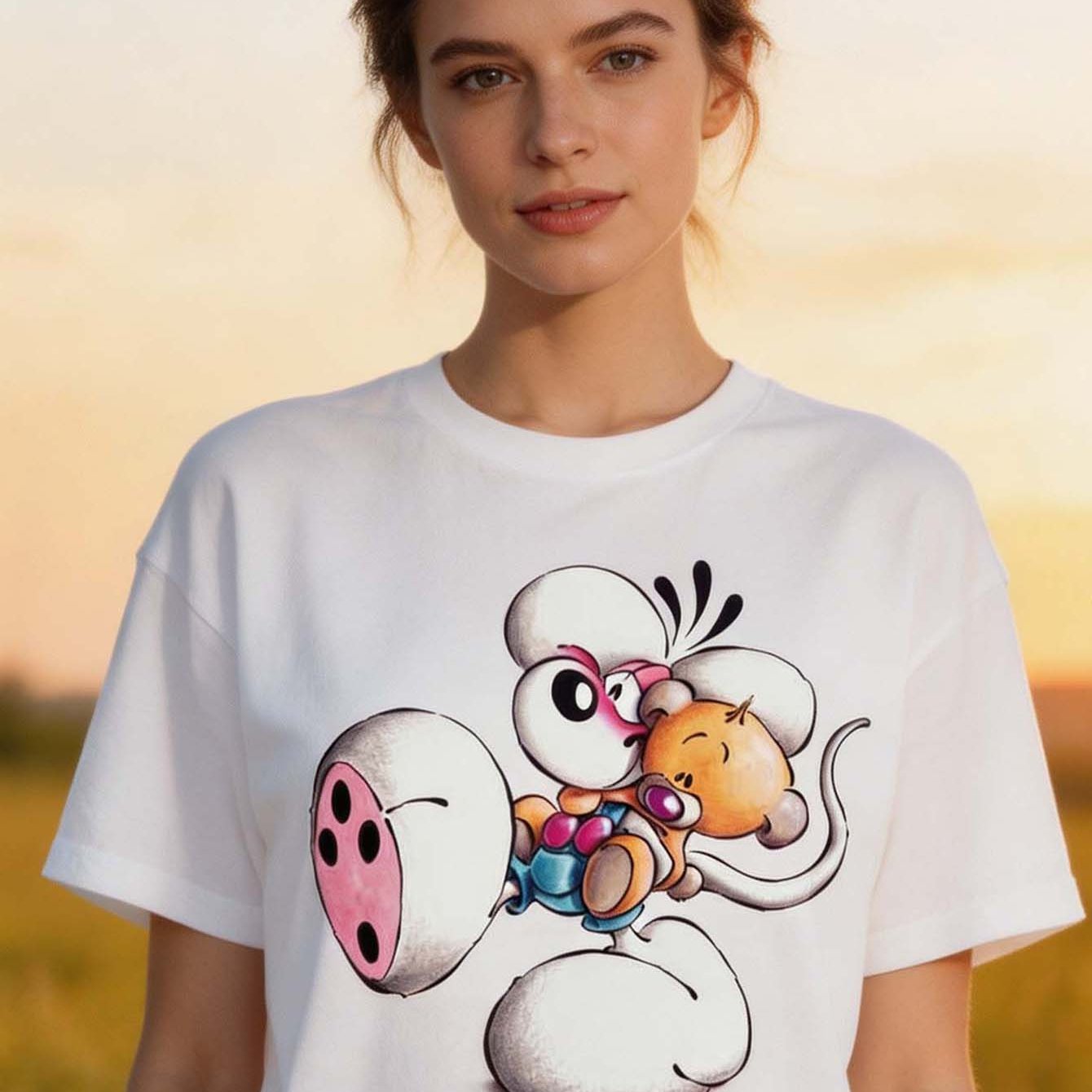 Image of Plus Size, Cute Cartoon Mouse And Ladybug Print Women's Loose T-shirt, Casual Short Sleeve White Round Neck Tee For Daily Wear, Holiday Gift