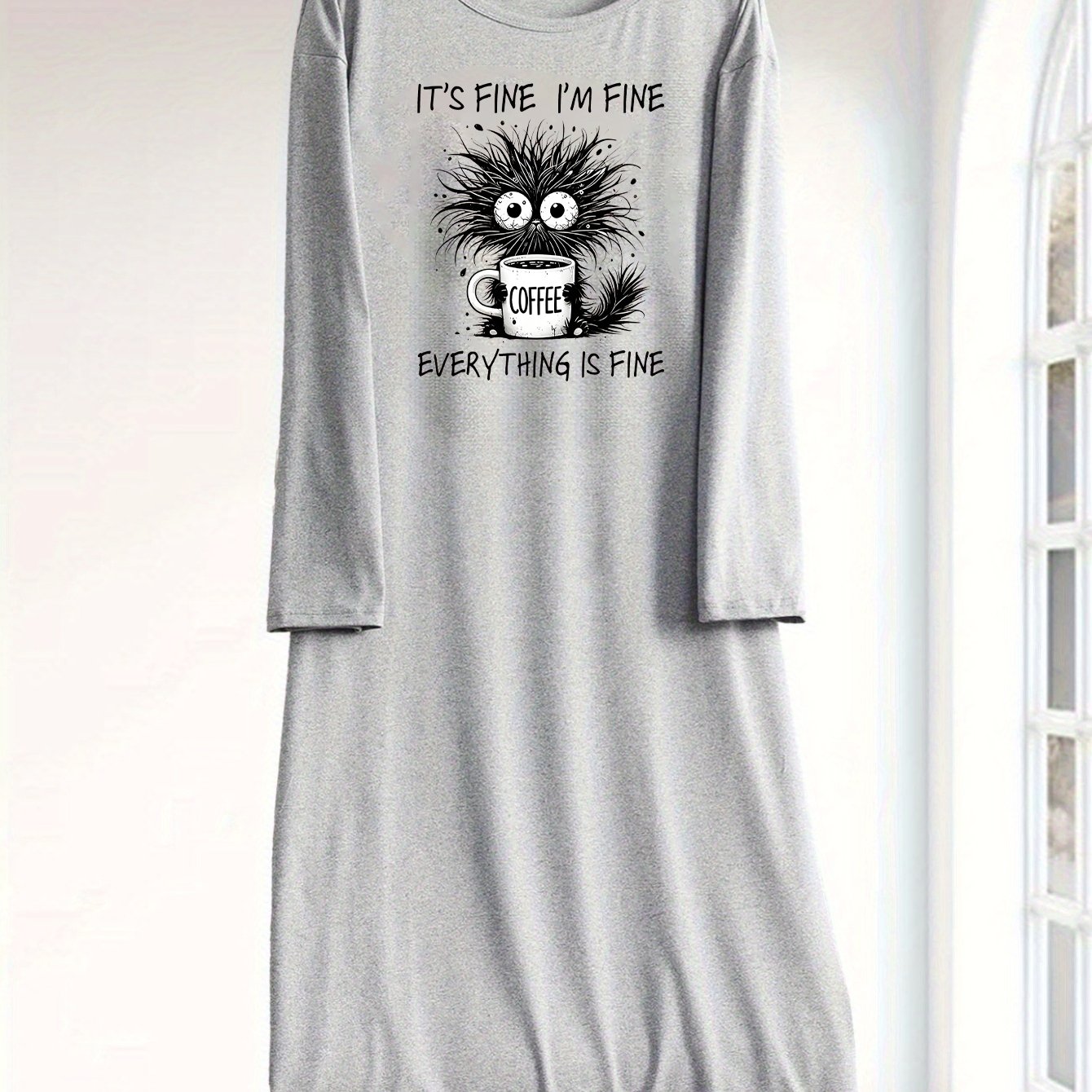 TEMU Plus Size Women's " Fine " Print Sleep Dress - Grey Long Sleeve Lounge Nightgown, Soft Stretchy Fabric, Machine Washable, Cozy Fall Homewear,