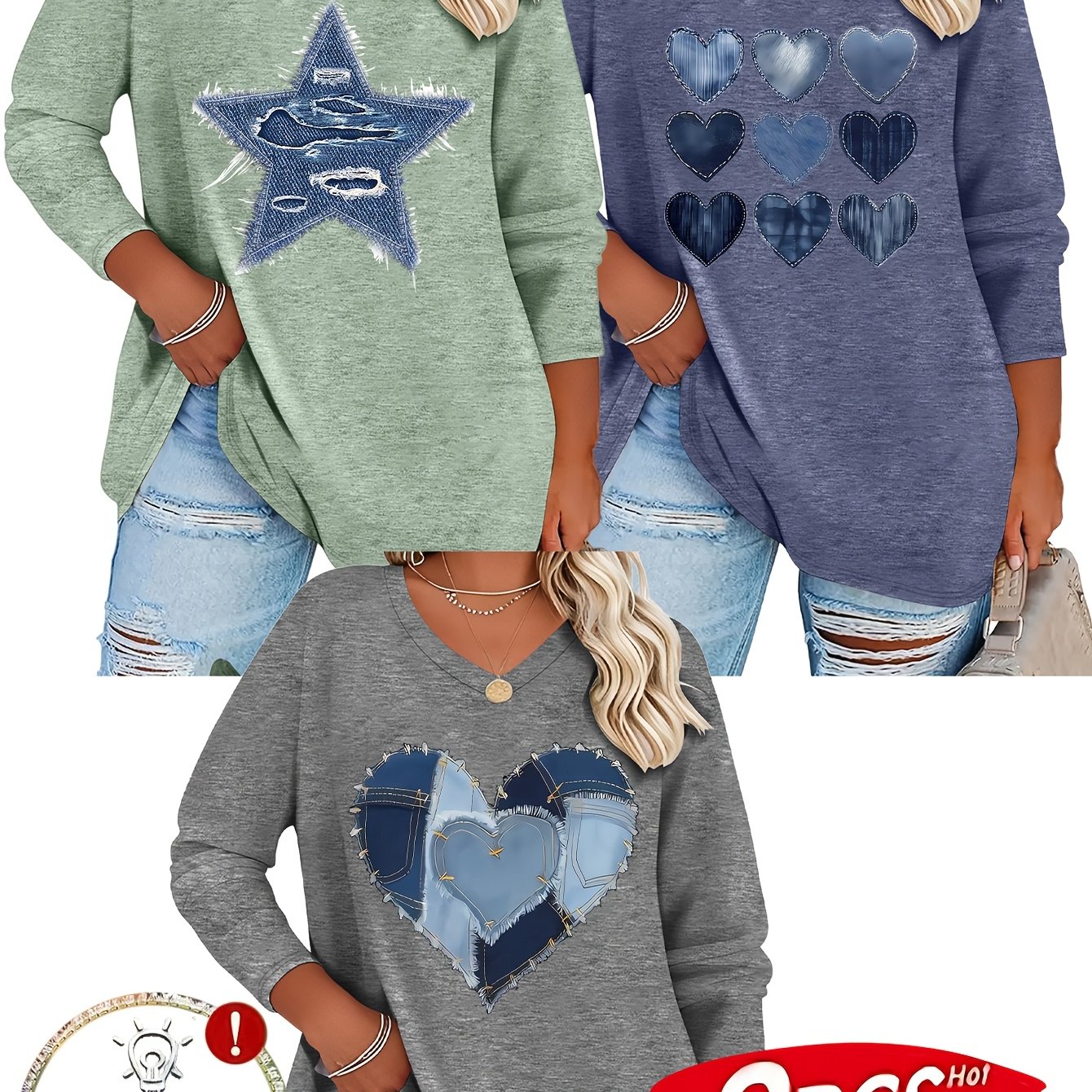 E-shop Plus Size - Plus Size - [Vielseitiges T-Shirt Dreiteiler Set] Frühling und Sommer Neues Plus Size Damenmode Fünfzackiger Stern Druck Lässiges