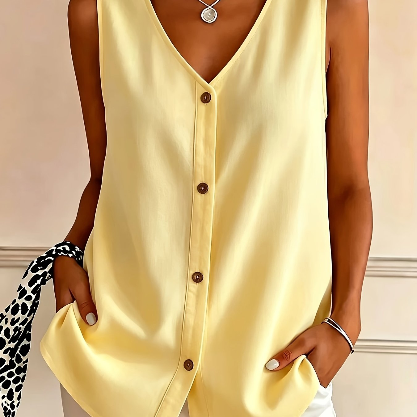 TEMU Women's Casual Solid Color Breathable Sleeveless Single Button V-neck Vest Casual All-match
