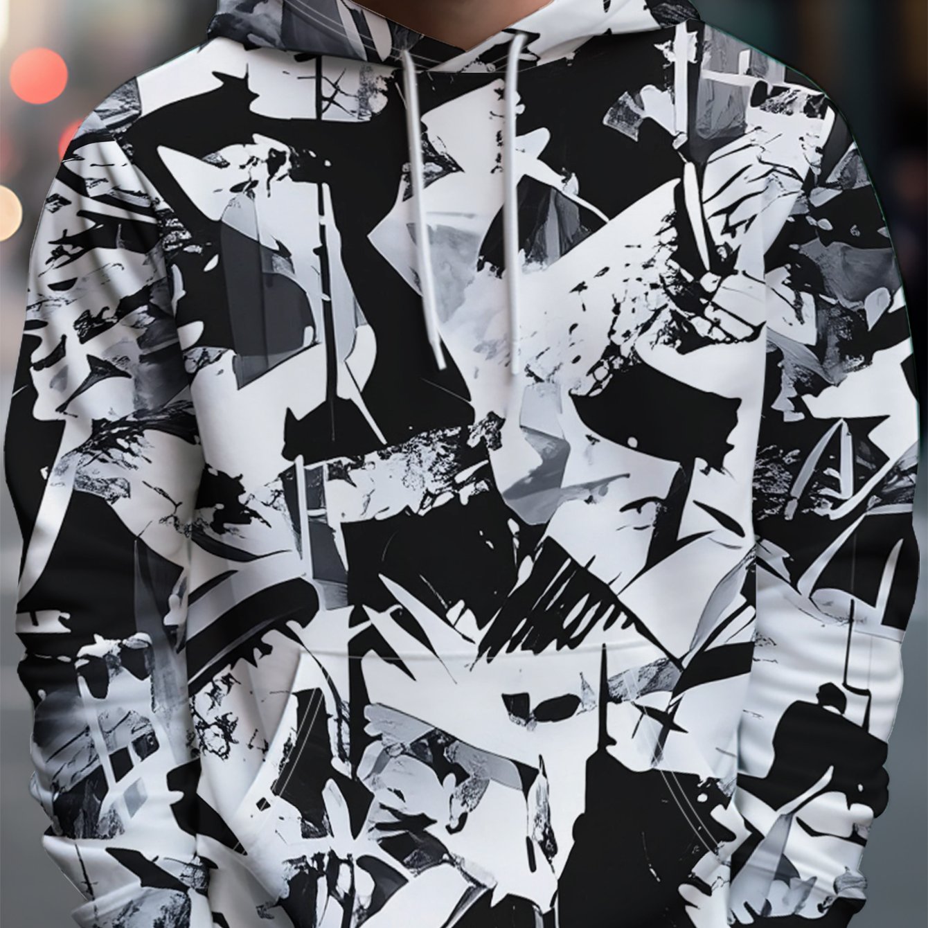 TEMU Men's Individual Style Hooded Sweatshirt Black And White Abstract Collage, Complex Form With Tension. - Full Of Street Trendy Style, Rich And