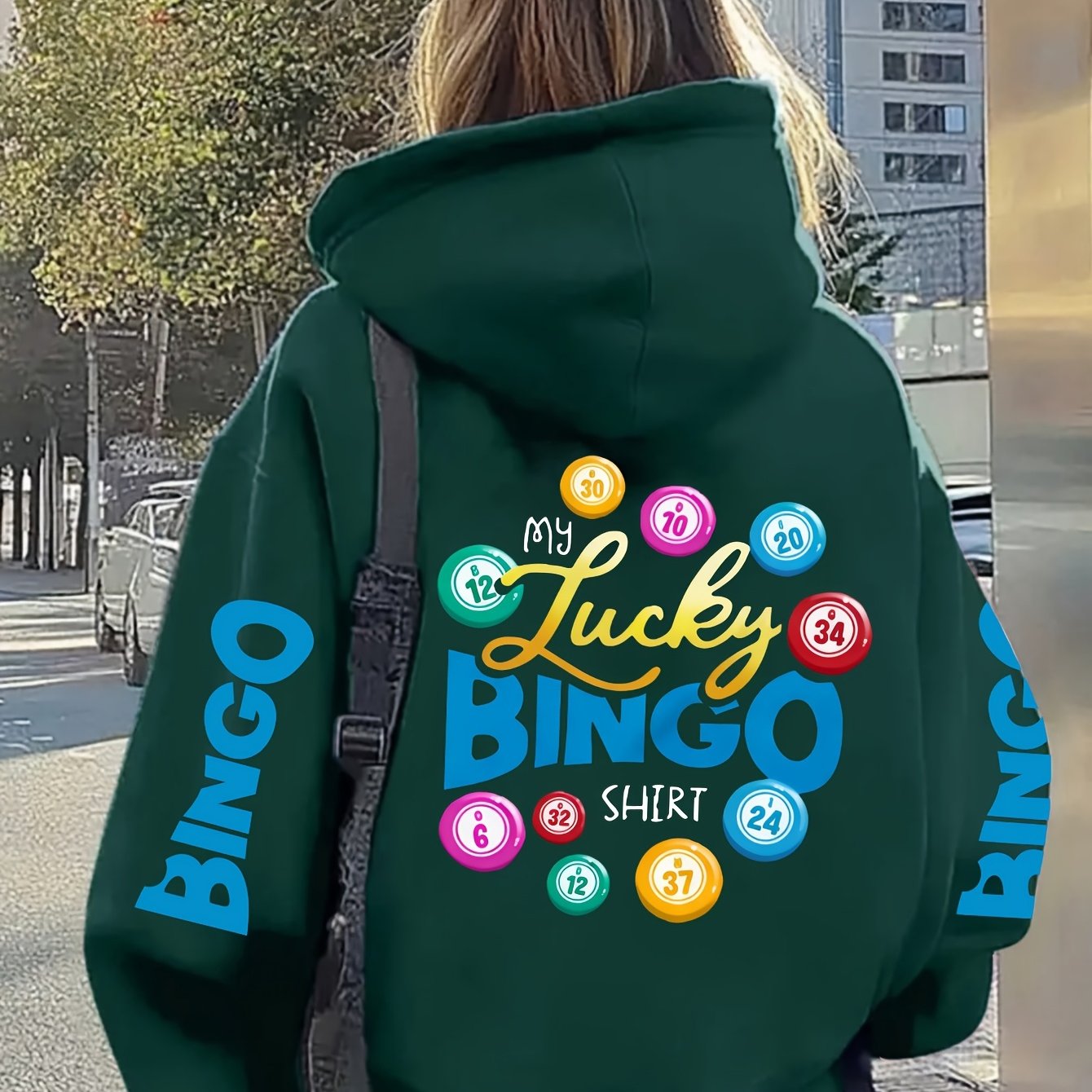 TEMU Women' Plus Size Oversized Bingo Print Hooded Sweater - Cozy Loose Fit Round Neck Pullover, Machine Washable 100% Polyester Sweater Suitable For